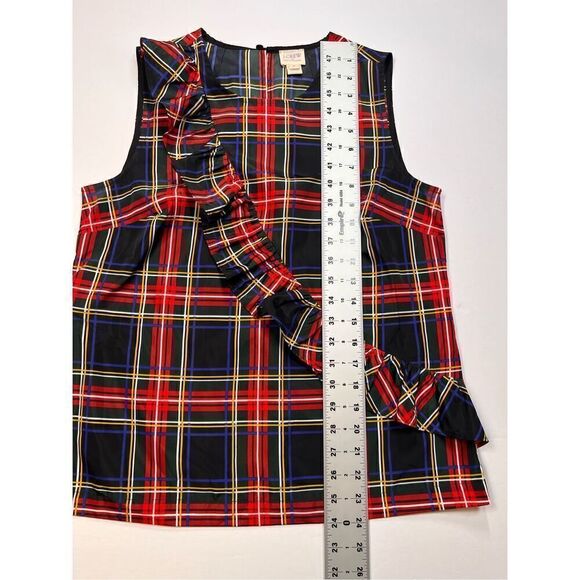 J. Crew Black Red Tartan Plaid Ruffle Sleeveless Holiday Top Womens Size 4 EUC - Picture 3 of 7